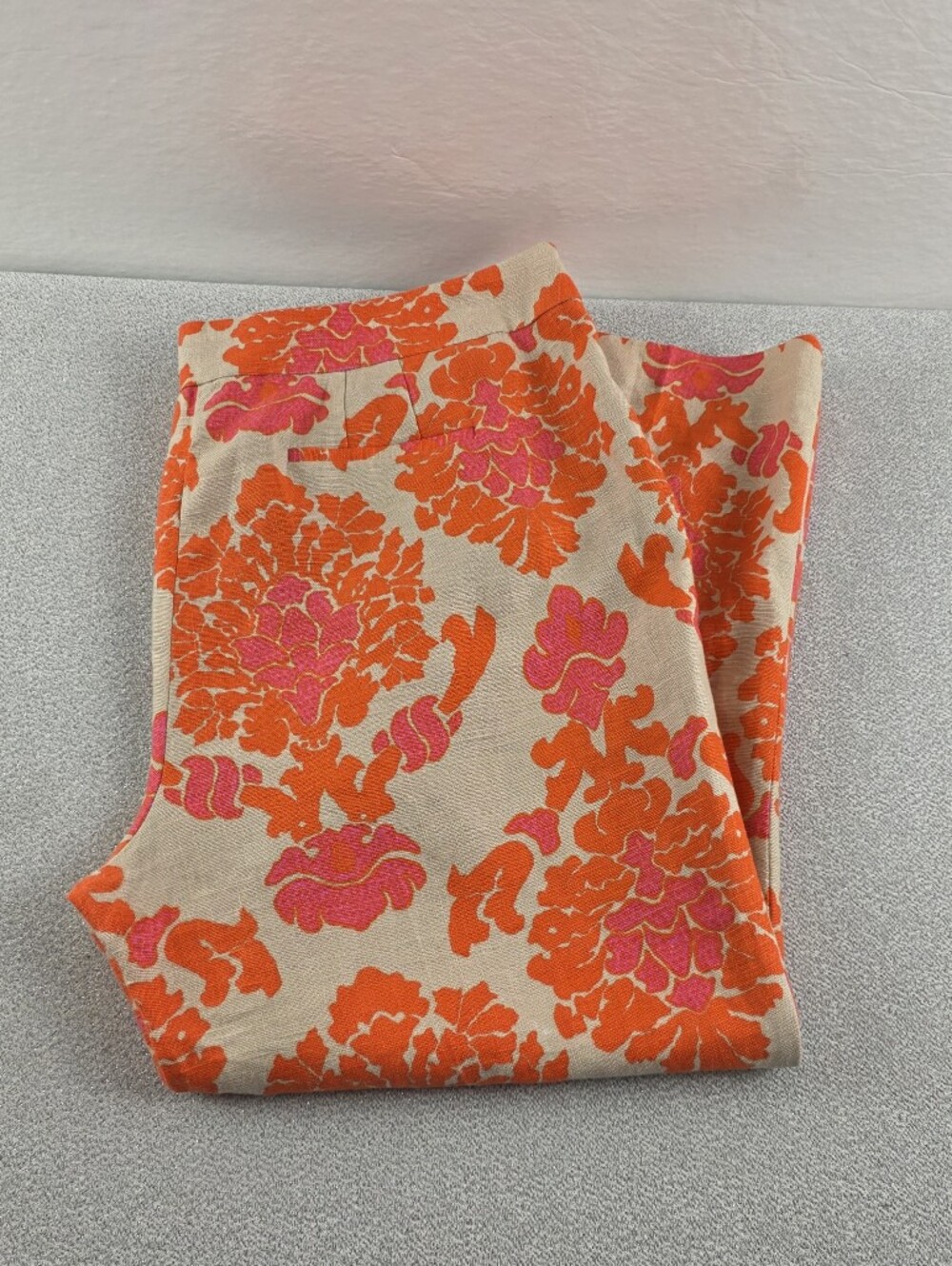 Boden Floral Brocade Linen Pants Tan Orange Pink Wmn's 16R - Picture 5 of 13